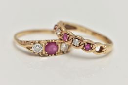 TWO 9CT GOLD GEM SET RINGS, the first set with a circular cut ruby, claw set and flanked with two