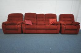A G PLAN RED UPHOLSTERED THREE PIECE LOUNGE SUITE, comprising a three seater sofa, length 213cm x