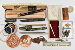 A BOX OF ASSORTED PENS, to include a 'Conway Stewart' fountain pen, nib stamped 14ct, a boxed '
