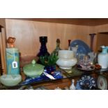 A COLLECTION OF COLOURED GLASSWARE, comprising two pale blue satin quilted air - trap vases,