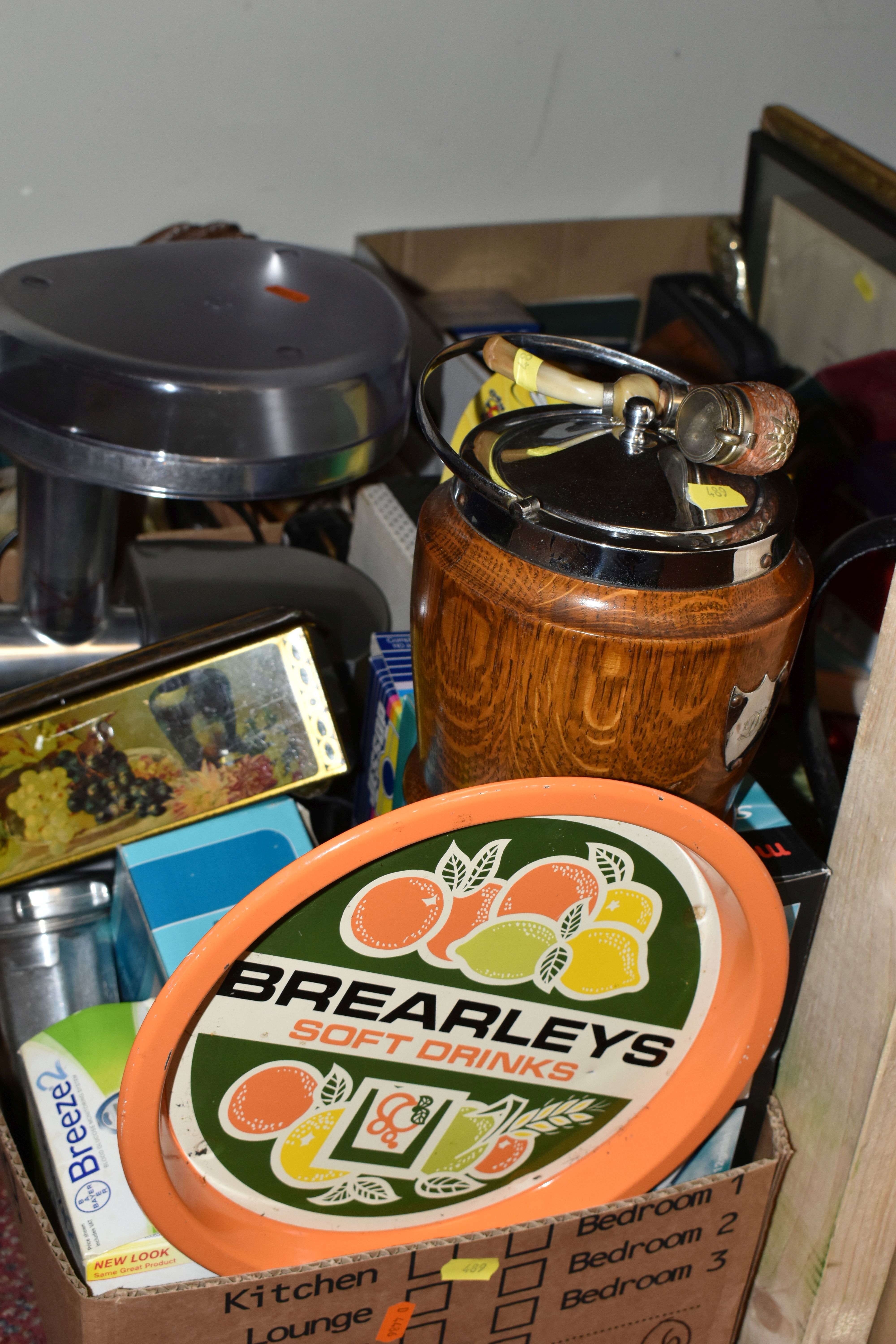 FOUR BOXES OF MISCELLANEOUS SUNDRIES, to include a hand painted three handled 'Barge Ware' jug/ - Image 4 of 8