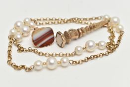 A 9CT GOLD CULTURED PEARL NECKLACE, FOB PENDANT AND FOB, belcher chain necklace fitted with five