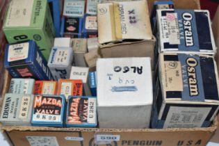 A BOX OF THERMIONIC VACUUM TUBES (VALVES), boxed and unboxed valves including Ediswan, Mullard,
