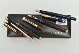 A BOX OF ASSORTED PENS, to include a pair of 'Sheaffer' pens, one ball point pen and one fountain