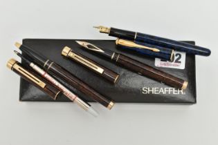 A BOX OF ASSORTED PENS, to include a pair of 'Sheaffer' pens, one ball point pen and one fountain