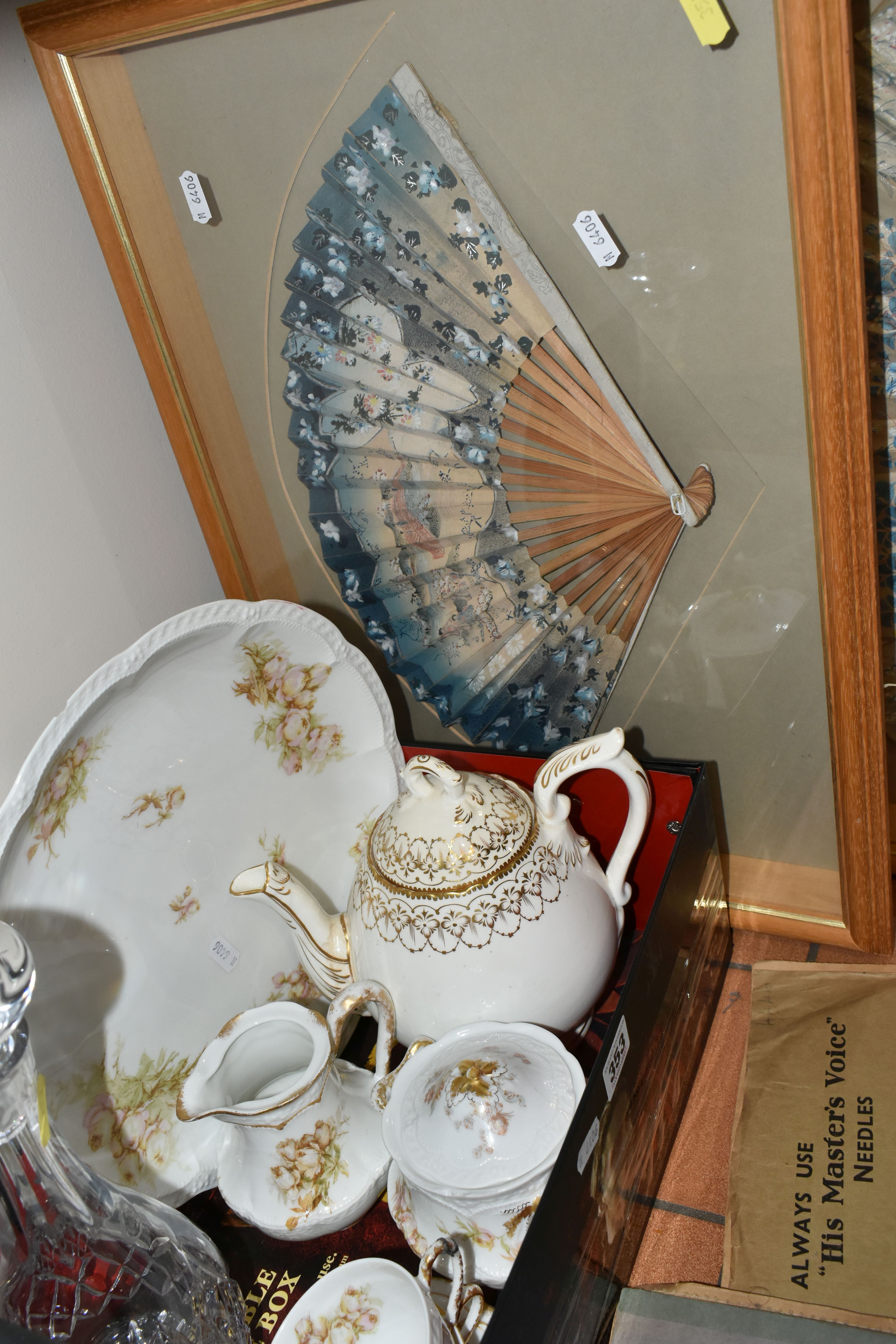 TWO BOXES OF LIMOGES TEAWARE AND TWO FRAMED HAND PAINTED PAPER FANS, to include two framed and - Image 4 of 7