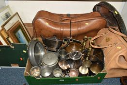 TWO BOXES OF METAL WARES AND SUNDRY ITEMS ETC, to include plated tea wares and tankards, pewter