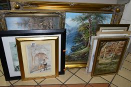 A QUANTITY OF PAINTINGS AND PRINTS ETC, to include R. Danford river landscape, oil on canvas,