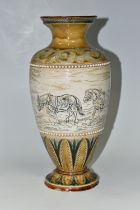 A DOULTON LAMBETH HANNAH BARLOW BALUSTER VASE / LAMP BASE WITH EXTENSIVE DAMAGE, the flared neck