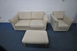 A BEIGE UPHOLSTERED THREE PIECE LOUNGE SUITE, comprising a two seater sofa, length 173cm x depth