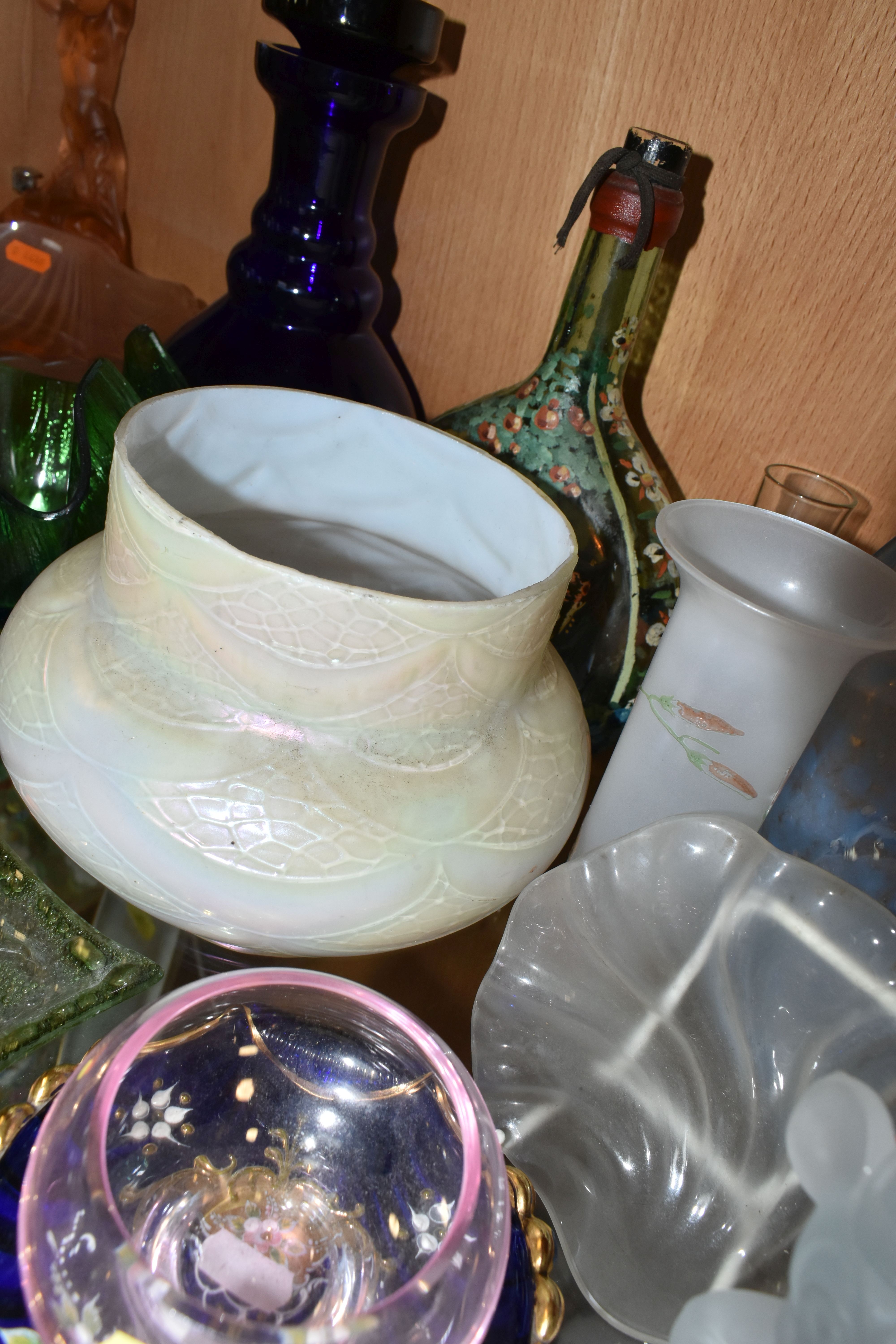 A COLLECTION OF COLOURED GLASSWARE, comprising two pale blue satin quilted air - trap vases, - Image 10 of 13