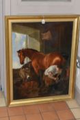19TH CENTURY ENGLISH SCHOOL AFTER EDWIN LANDSEER, 'Shoeing a Bay Mare', a farrier is shoeing a horse