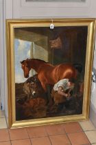 19TH CENTURY ENGLISH SCHOOL AFTER EDWIN LANDSEER, 'Shoeing a Bay Mare', a farrier is shoeing a horse