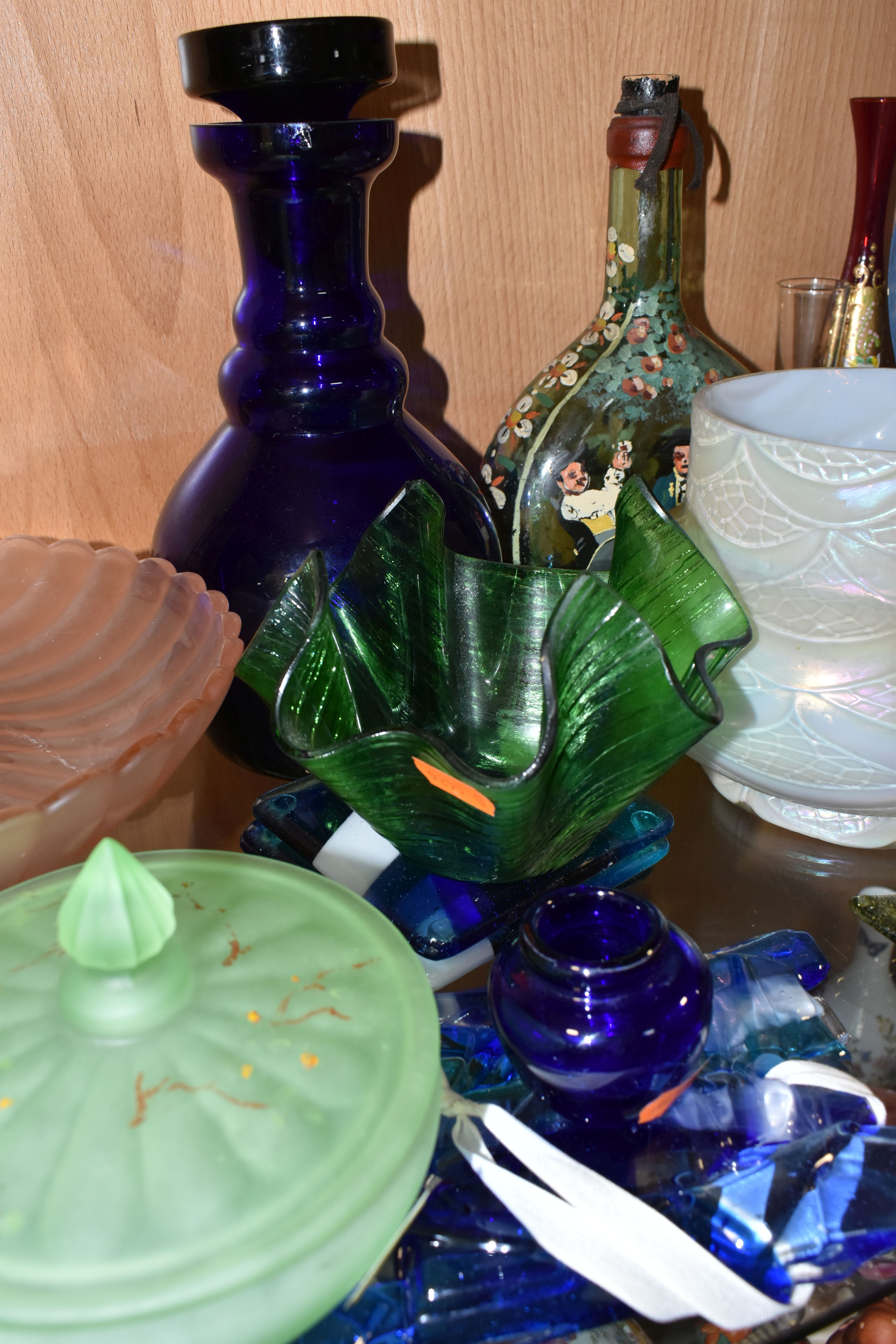 A COLLECTION OF COLOURED GLASSWARE, comprising two pale blue satin quilted air - trap vases, - Image 5 of 13