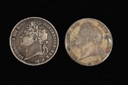 TWO GEORGE III CROWN COINS, worn and scratched coins, dates 1821 and 1822, approximate gross