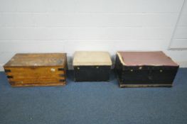 THREE VARIOUS CHESTS, to include a scumbled pine tool chest, width 87cm x depth 45cm x height
