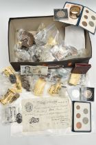 A SHOE BOX OF MIXED WORLD COINAGE AND A SMALL AMOUNT OF UK BANKNOTES, to include A L K O'Brien