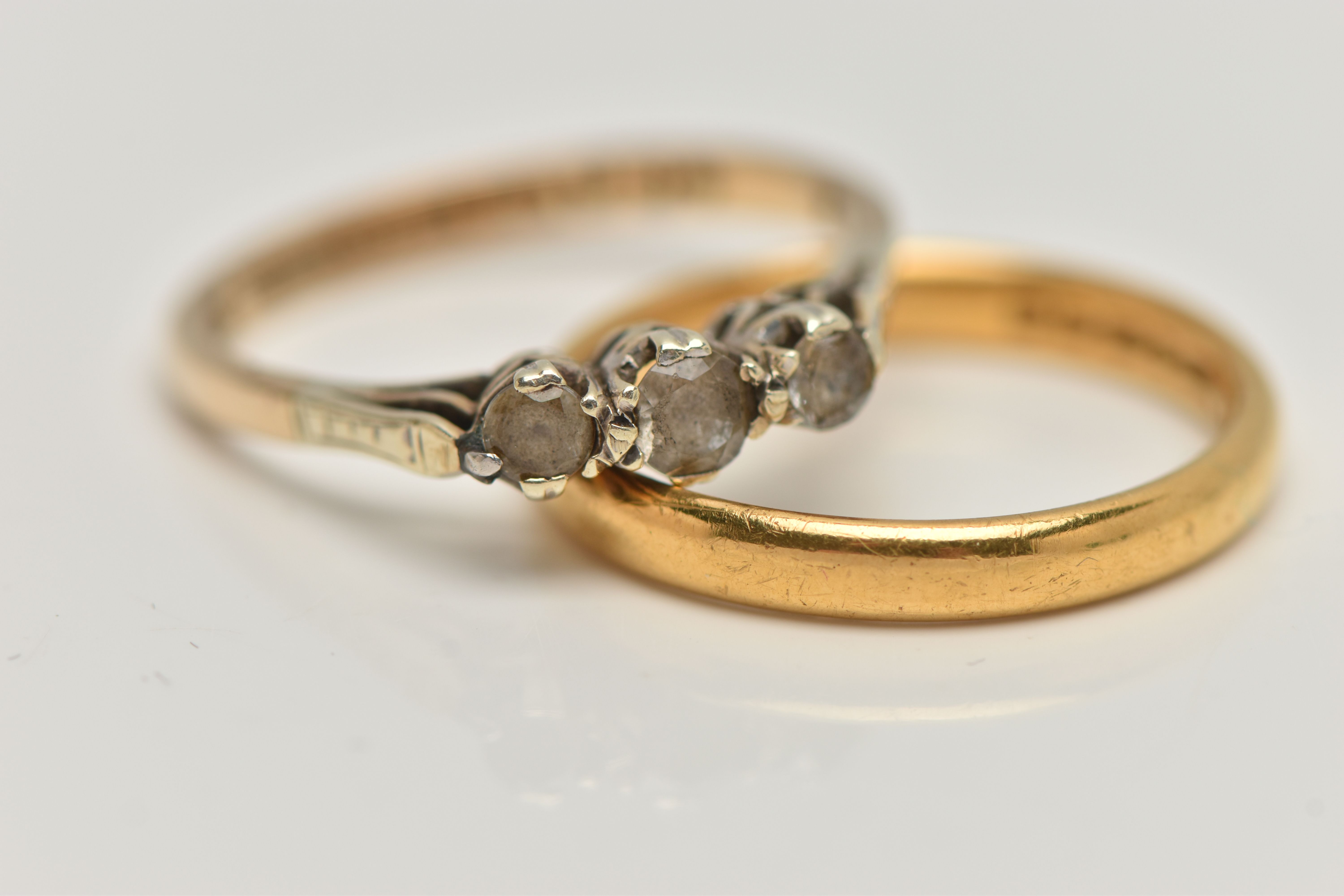 TWO RINGS, to include a synthetic white sapphire three stone ring, stamped HS 9ct syn.w.sapph HI994, - Image 2 of 4