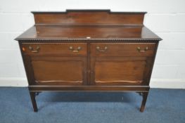 A 20TH CENTURY JAS SHOOLBRED AND CO MAHOGANY SIDEBOARD, with a raised back, two drawers over two