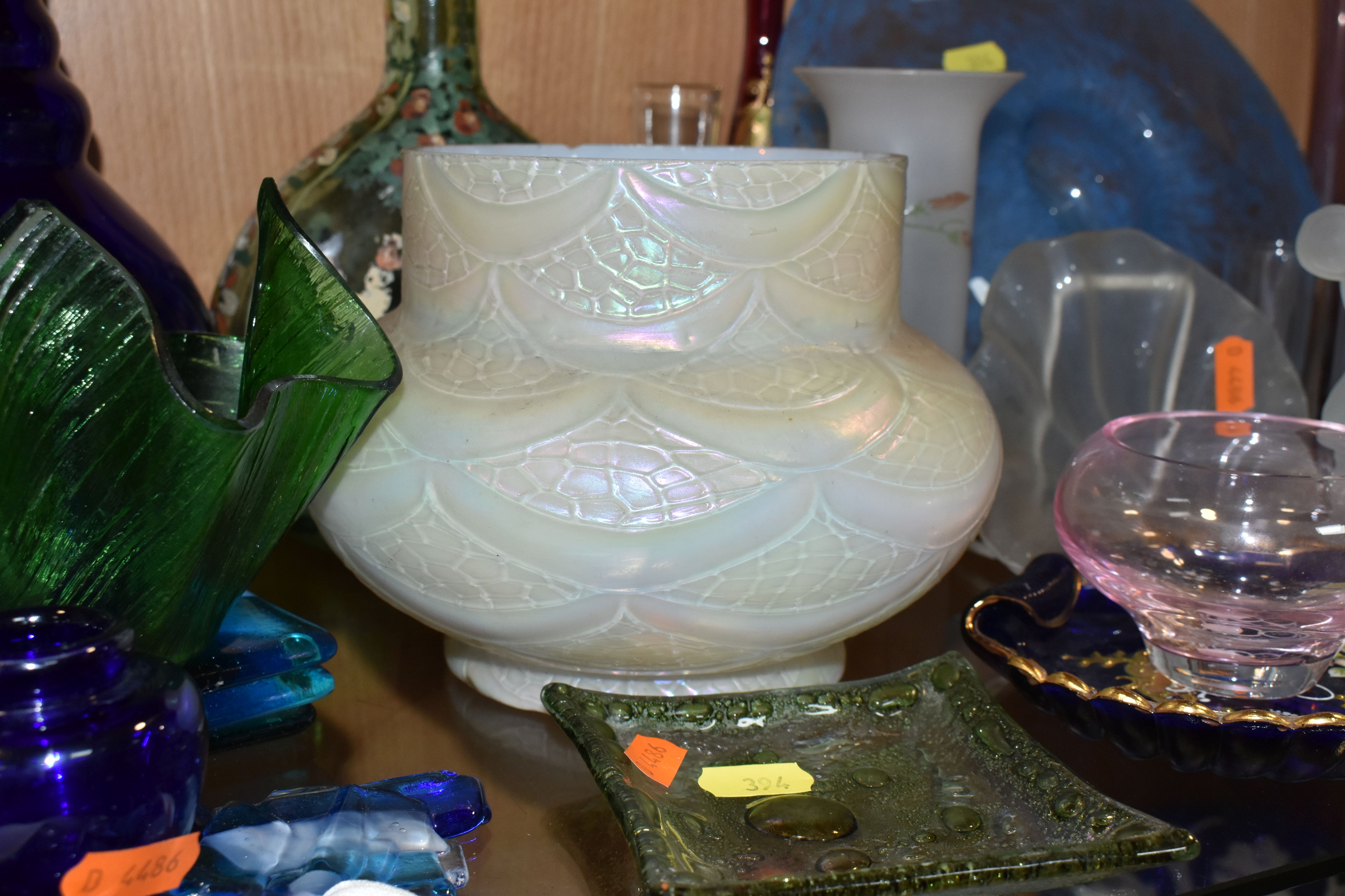 A COLLECTION OF COLOURED GLASSWARE, comprising two pale blue satin quilted air - trap vases, - Image 12 of 13