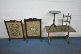 A 20TH CENTURY MAHOGANY FIRE SCREEN, with floral tapestry insert, an oak framed tapestry fire