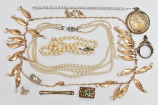 A SELECTION OF COSTUME JEWELLERY, to include imitation pearl necklaces, a powder case, a ring, etc