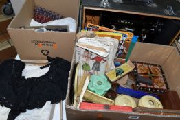 TWO BOXES AND LOOSE SEWING MACHINE, SEWING ITEMS, LINENS AND OTHER TEXTILES, to include a cased