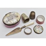 A SELECTION OF ITEMS, to include a Charles Horner Dorcas thimble and a further thimble, a Bilston