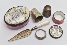 A SELECTION OF ITEMS, to include a Charles Horner Dorcas thimble and a further thimble, a Bilston