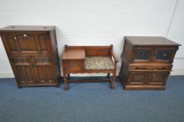 A SELECTION OF OLD CHARM FURNITURE, to include a drinks cabinet, with a fall front linenfold door,