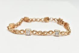 A 9CT GOLD DIAMOND LINE BRACELET, designed as a series of six square links each set with four