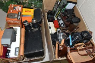 TWO BOXES OF CAMERAS AND BINOCULARS, to include a cased Ross Ensign Selfix 16-20 folding camera, a