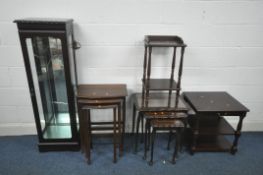 A SELECTION OF MAHOGANY OCCASIONAL FURNITURE, to include a slim display cabinet, with a mirrored