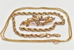 A 9CT GOLD SWEETHEART BROOCH, CHAIN AND A BRACELET, the sweetheart brooch designed with a swallow