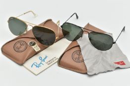 TWO PAIRS OF CASED VINTAGE AVIATOR SUNGLASSES, the first with gold tone frame, stamped 'B & L Ray-