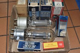 A BOX OF THERMIONIC VACUUM TUBES (VALVES) two large unboxed valves, length approximately 24cm, boxed