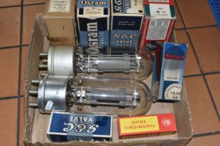 A BOX OF THERMIONIC VACUUM TUBES (VALVES) two large unboxed valves, length approximately 24cm, boxed