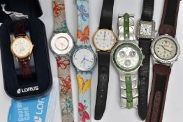 A BAG OF ASSORTED WRISTWATCHES, to include two ladys 'Swatch' wristwatches, fitted with fabric