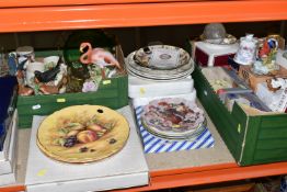 TWO BOXES OF ORNAMENTS AND COLLECTOR'S PLATES, to include two Aynsley 'Orchard Gold' cabinet plates,
