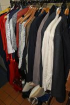 TWO BOXES AND LOOSE LADIES' AND MEN'S CLOTHING AND ACCESSORIES, to include jackets, suits, knitwear,