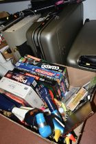 THREE BOXES AND LOOSE SUITCASES, GAMES AND SUNDRY ITEMS, to include two hard plastic suitcases,