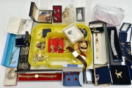 A BOX OF ASSORTED ITEMS, to include a silver line bracelet set with orange cubic zirconia,