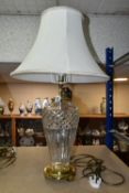 A WATERFORD CRYSTAL 'BELLINE' PATTERN TABLE LAMP, of slender shouldered form, having a brass
