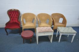 A REPRODUCTION SPOON BACK CHAIR, with rouge buttoned upholstery, three wicker armchairs, a white