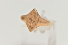 A LATE VICTORIAN 22CT GOLD SIGNET RING, of a marquise form, engraved monogram, leading onto a
