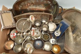 A BOX OF ASSORTED WHITE METAL WARE, to include large trays, a three branch candle stick, rose bowls,