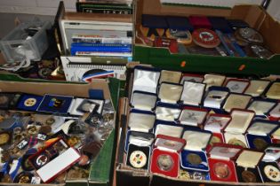 SIX BOXES OF RIFLE SHOOTING MEDALS, TROPHIES AND BOOKS, including the Police Athletic Association,