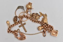 A ROSE METAL CHARM BRACELET, a curb link bracelet, fitted with a heart padlock clasp, stamped 9ct,