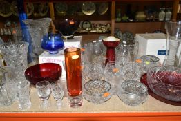 A COLLECTION OF CUT CRYSTAL, comprising a pair of Tudor Crystal port glasses, four large vases,