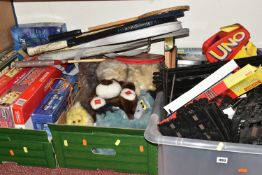 FOUR BOXES OF VINTAGE TOYS, BOARD GAMES AND SCALEXTRIC TRACK, to include a quantity of Scalextric
